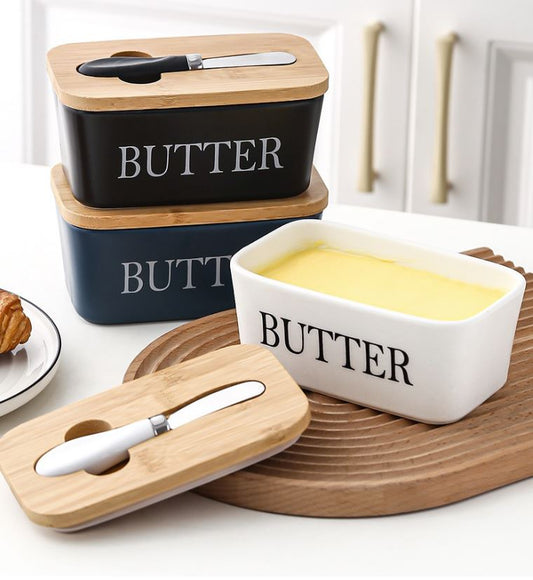 Nordic Ceramic Butter Box with Wood Lid and butter cutter set (Pre-Order)